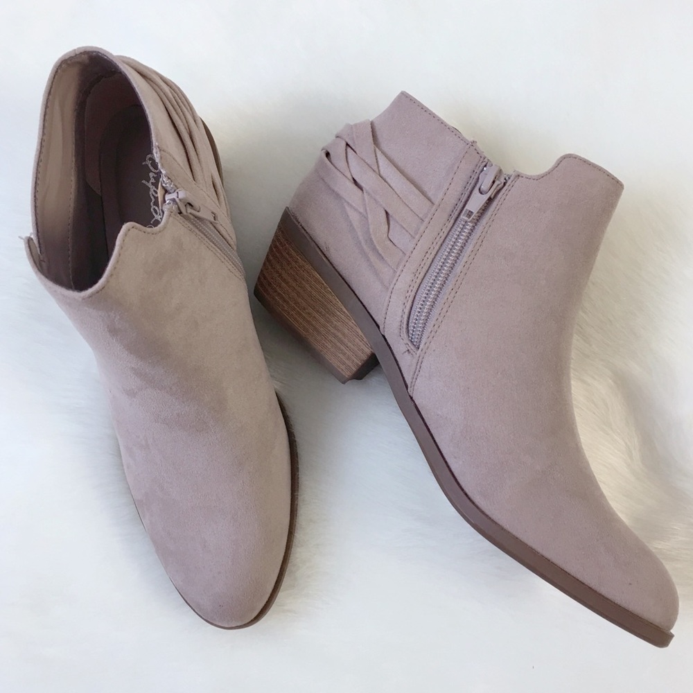 Taupe Pointed Toe Ankle Booties Braided Back - Picture 2 of 8